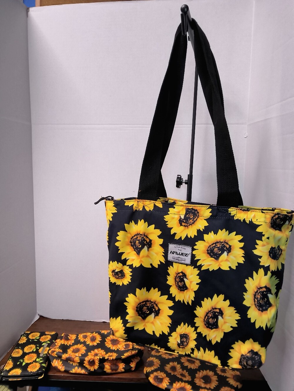 Black Sunflower Tote Bag with Matching Wallet And Accessory Pouches